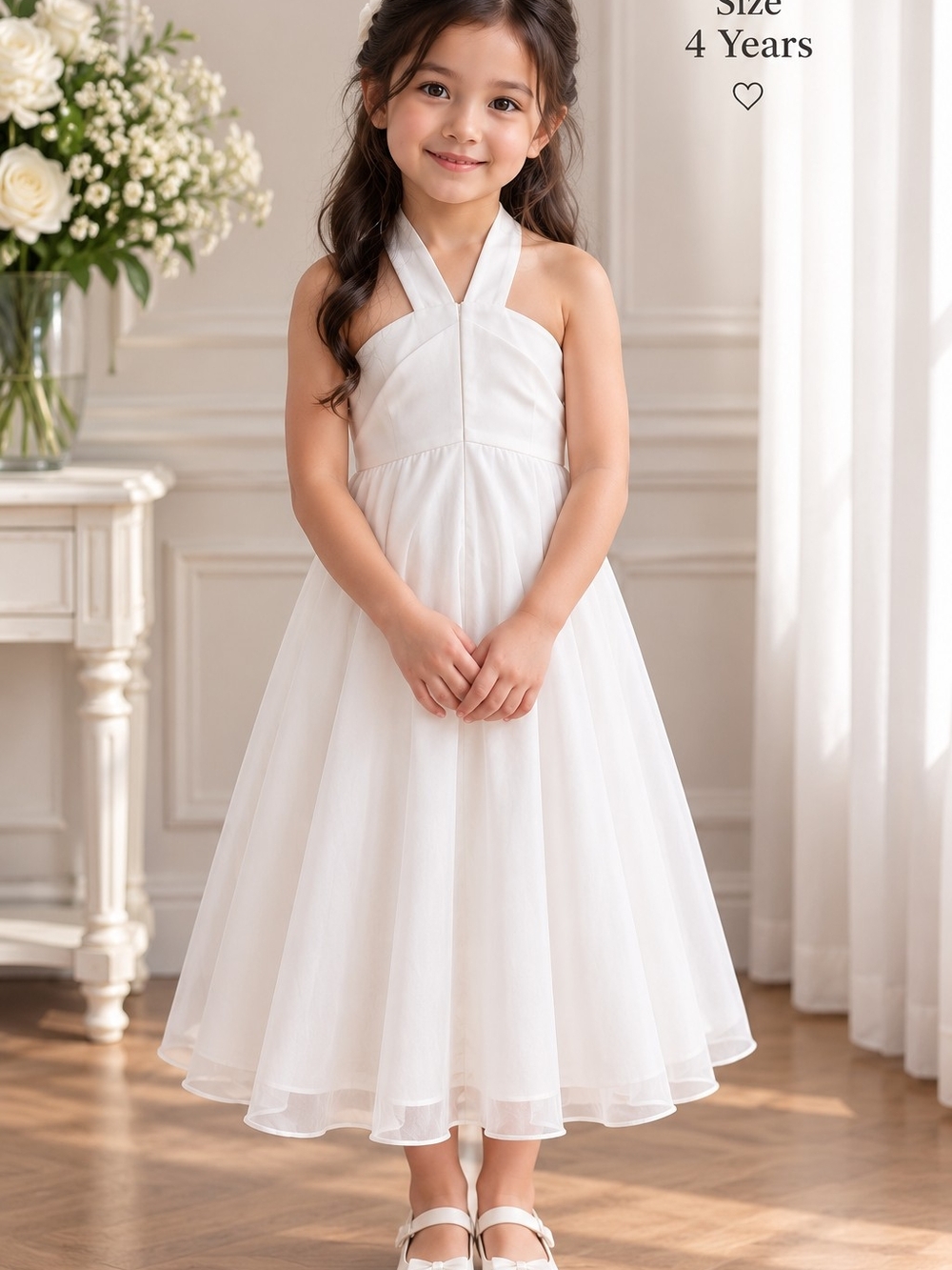White Halter Tulle Flower Girl Dress for Kids